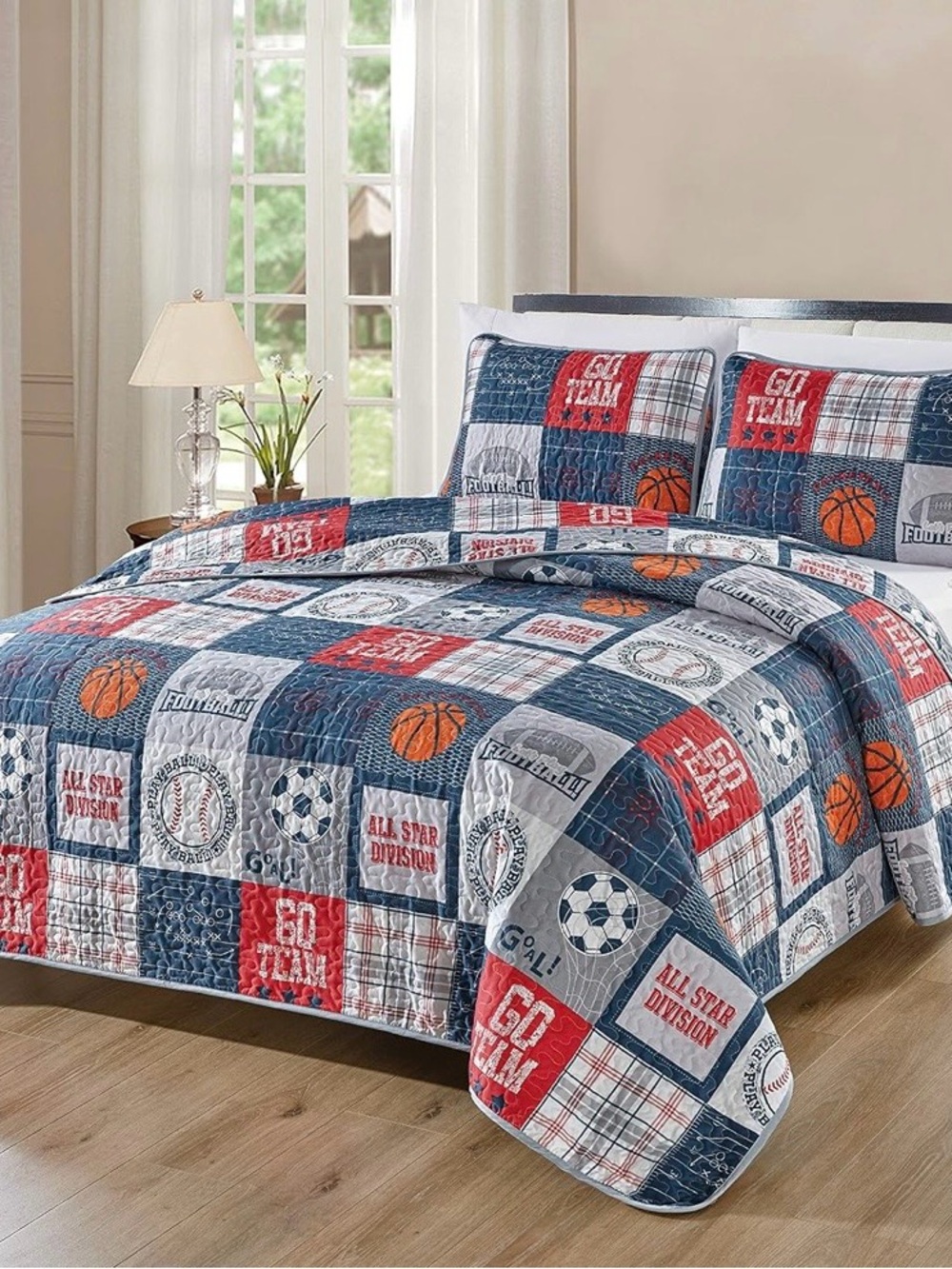 Sports Patchwork Quilt Set in Navy, Red & White